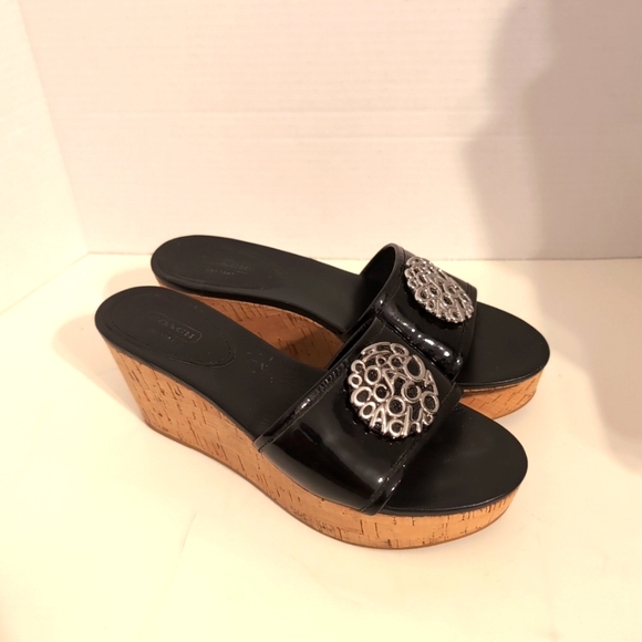 Coach Judith Black Patent Leather Cork Wedge Sandals Silver Emblem‎ 8.5 - Picture 1 of 12